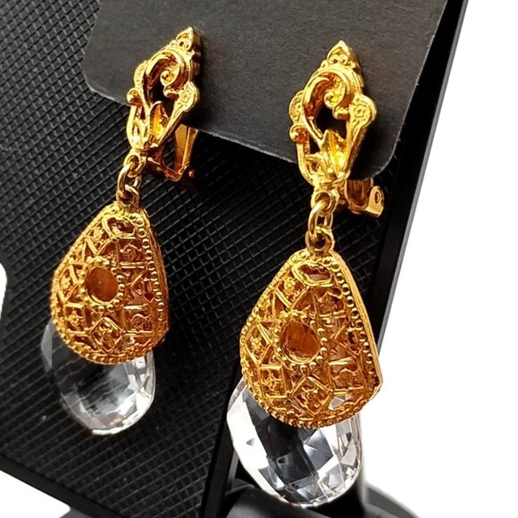 Gold Tone Filigree Clip-On Dangle Earrings Clear Faceted Teardrop Vintg-Inspired - Picture 5 of 9